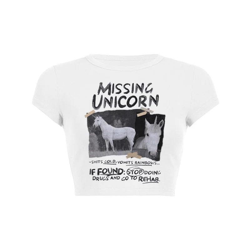 Y2K Missing Unicorn Crop Top Baby Tee