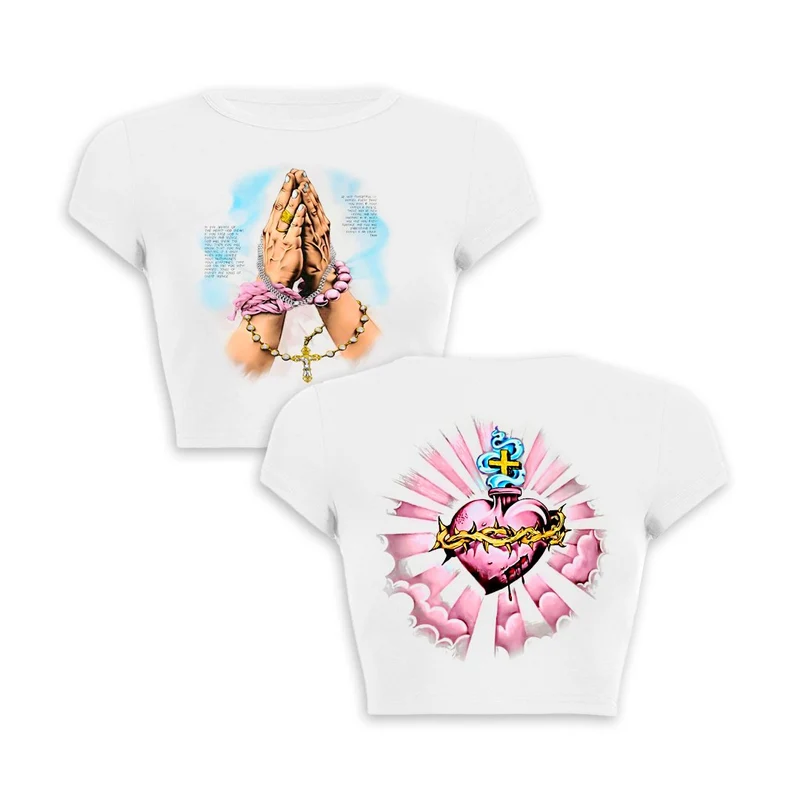 Y2K Sacred Prayer Crop Top Baby Tee
