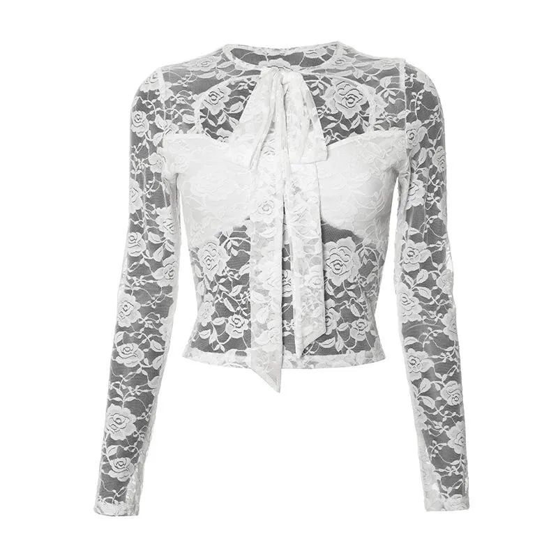 Lange mouwen kanten geknoopte crop top