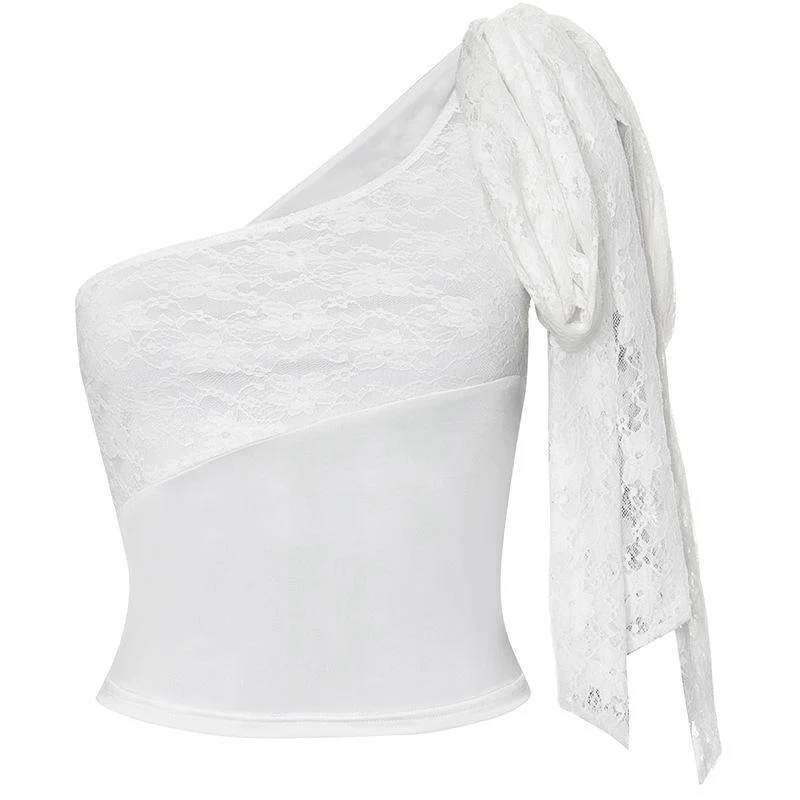 Fairycore crop top met één schouder en kant