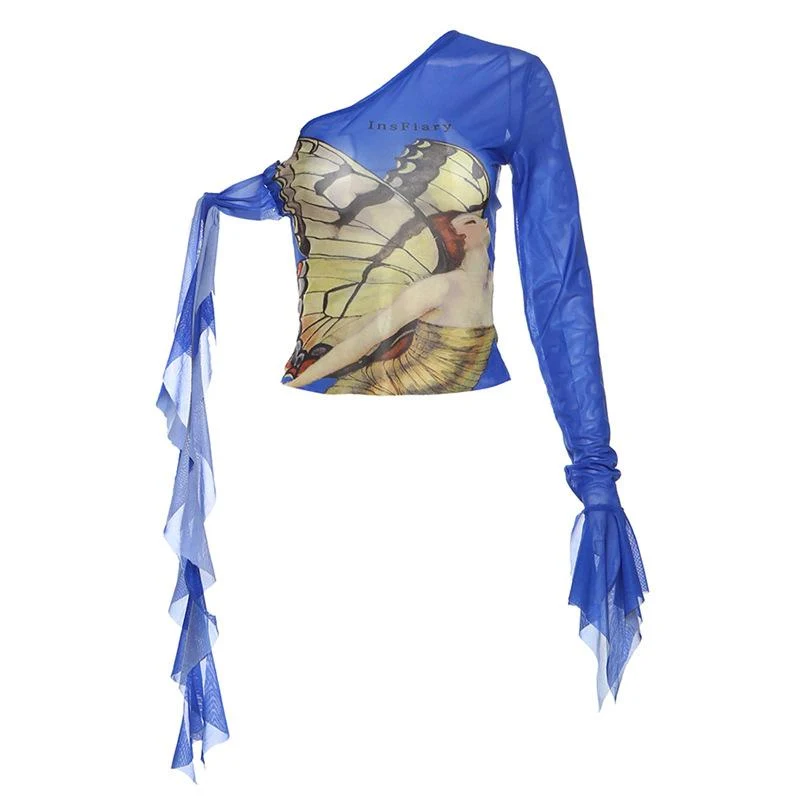Fairycore off-shoulder mesh top met ruches