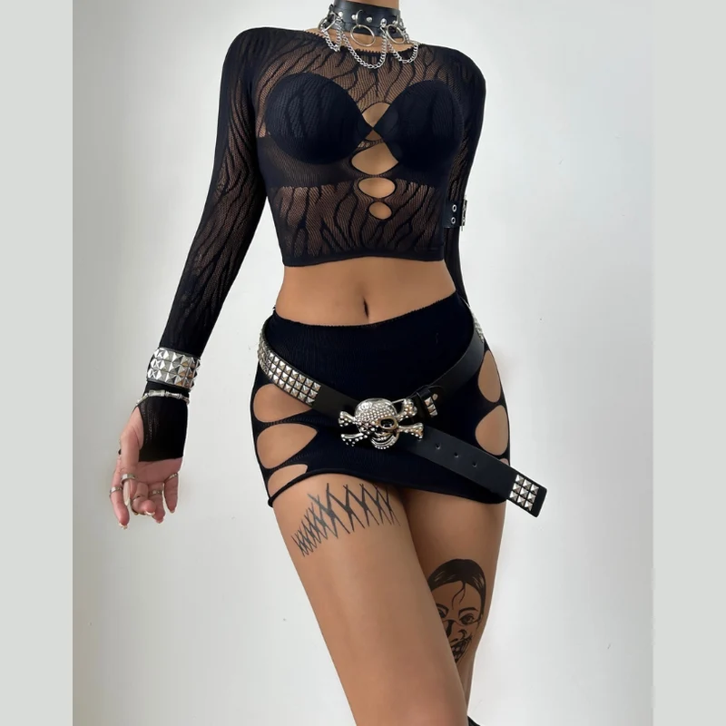 Set met lange mouwen en zebra-transparante minirok van mesh