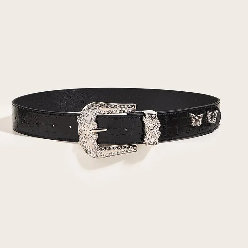 Y2K butterfly rhinestone PU leather belt