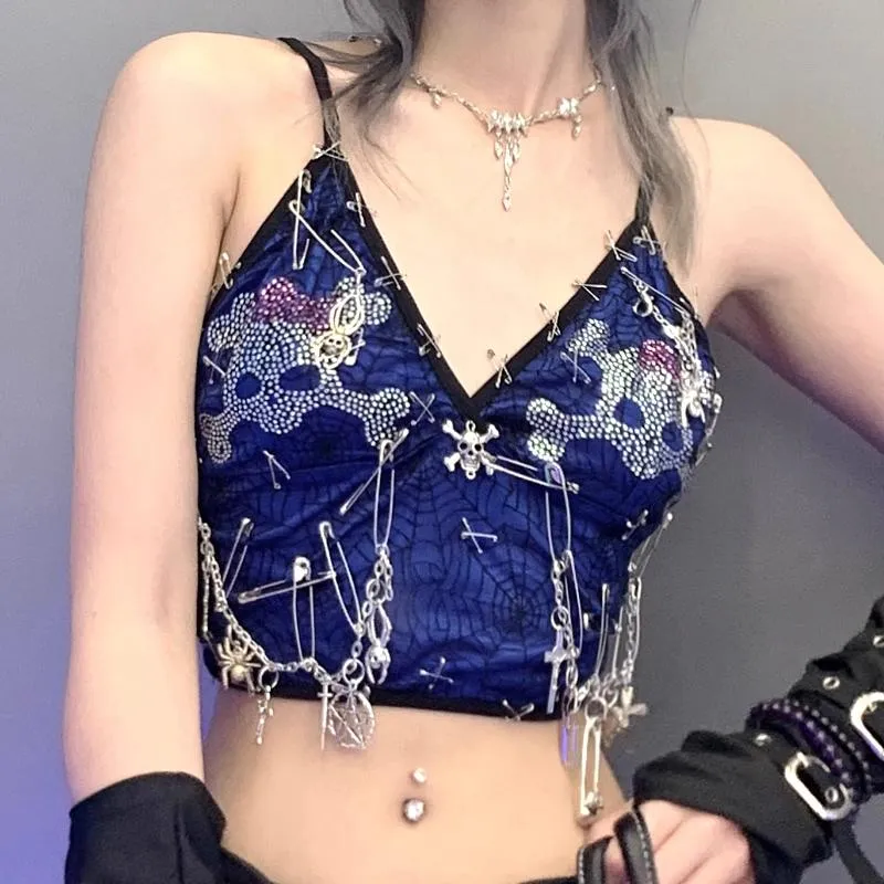 Cami-top met kralenprint en metalen applicatie en V-hals