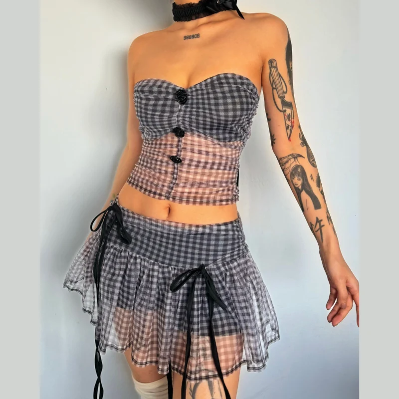 Fairycore geruite bloemen mesh rok set