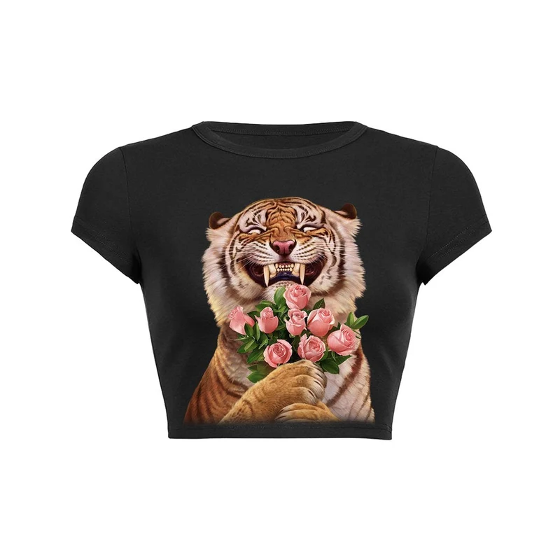 Lachende tijger met rozen crop top baby T-shirt