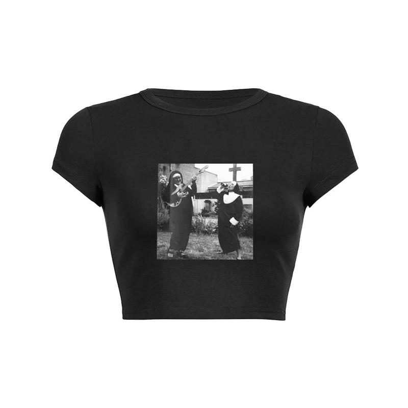 Y2K retro rock nun guitar baby tee