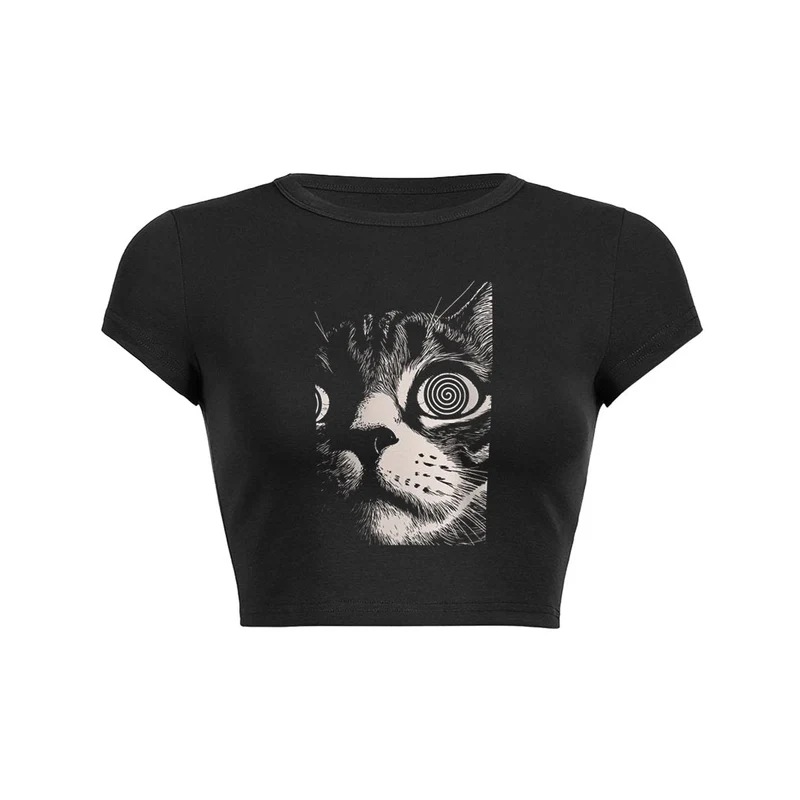 Vrouwen Cat Punk Crew Neck Causl Shirt Baby Tee Crop Top