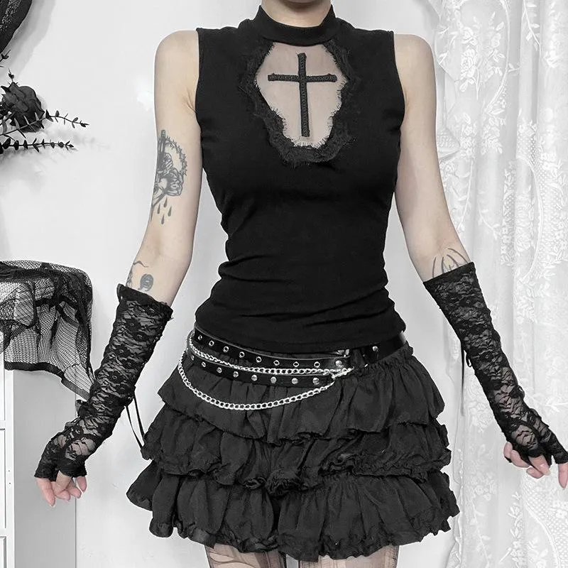Goth sleeveless crewneck cross pattern top