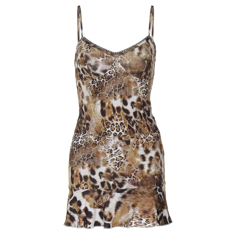 Fairycore leopard print v neck lace hem ruffle cami skirt set