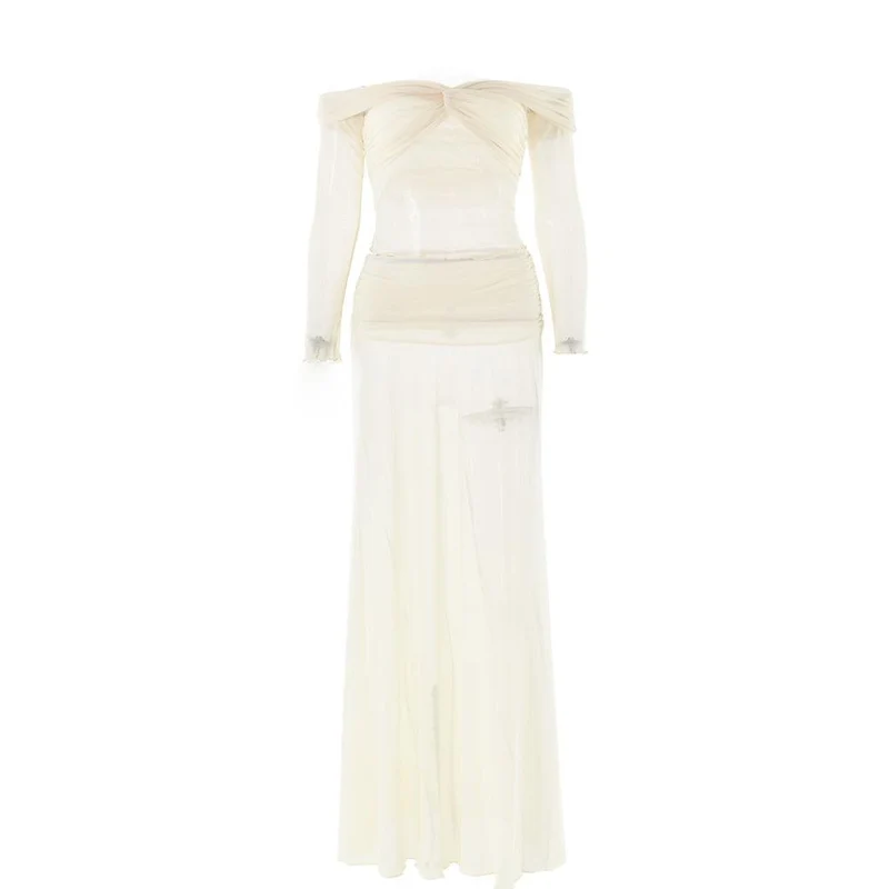 Lange mouwen off-shoulder doorschijnende mesh maxi-rokset