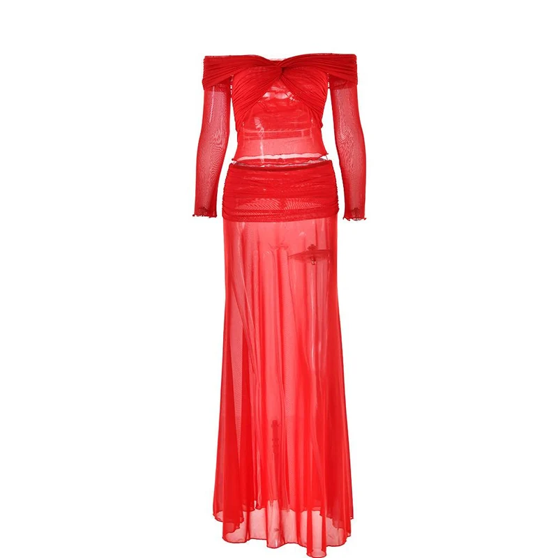 Lange mouwen off-shoulder doorschijnende mesh maxi-rokset