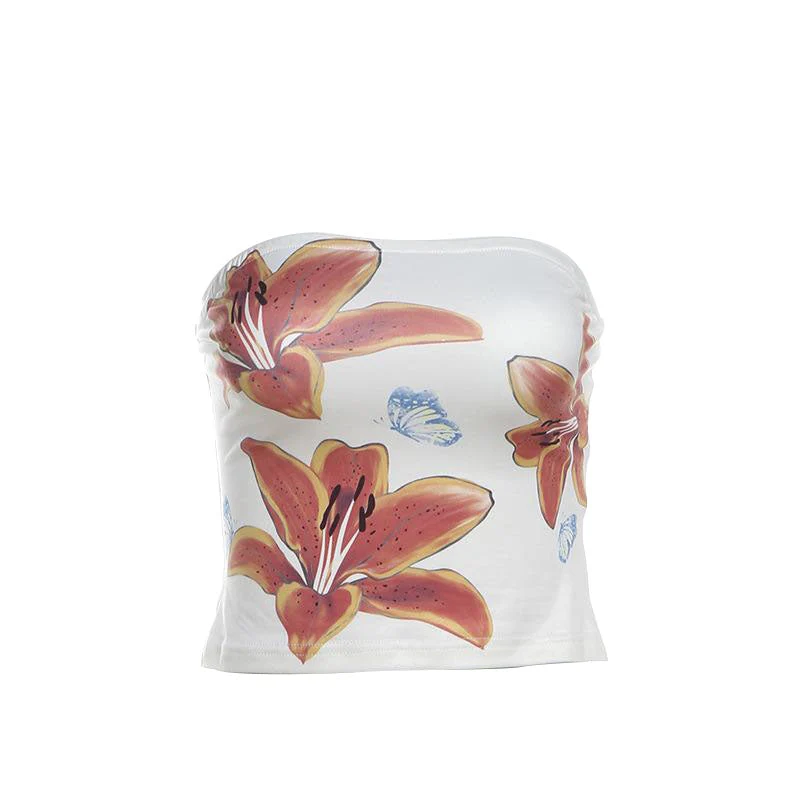 Y2K flower butterfly print backless tube top