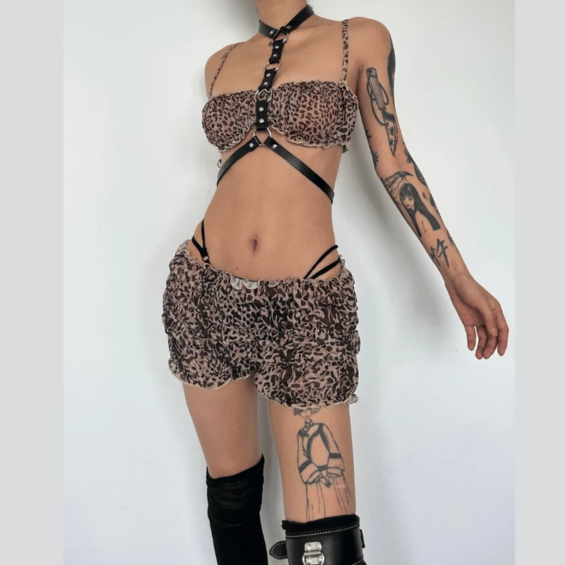 Fairycore cropped broekset met luipaardprint en ruches