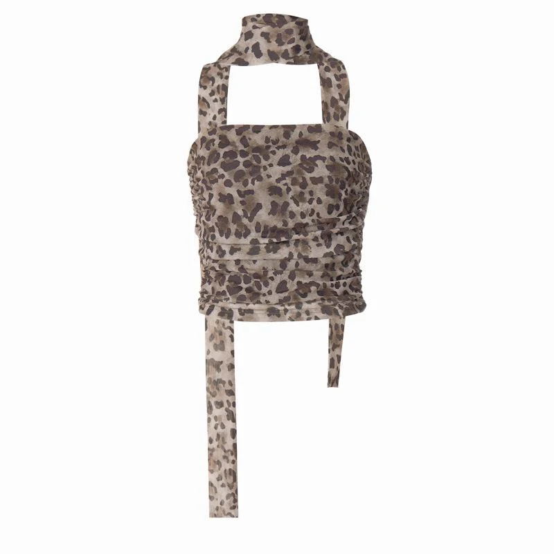 Tweedelige tubetop van luipaardprint met gerimpeld mesh