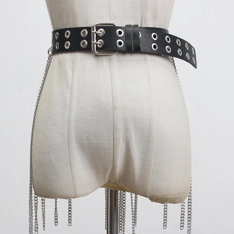 Metalen ketting kwastje holle ring PU leren riem