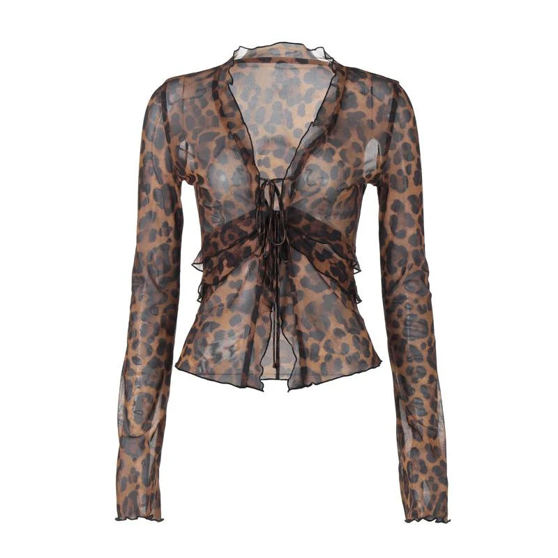 Lange, uitlopende top met luipaardprint, ruches en knoopjes van transparant mesh