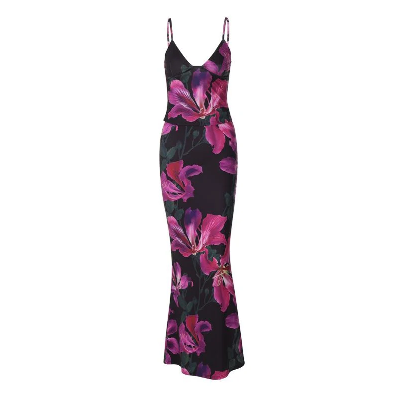 Set met cami maxi-rok met bloemenprint, V-hals en contrasterende details