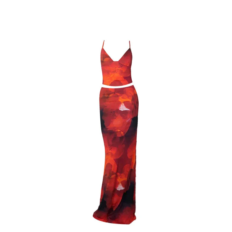 Set met cami maxi-rok met bloemenprint, V-hals en contrasterende details