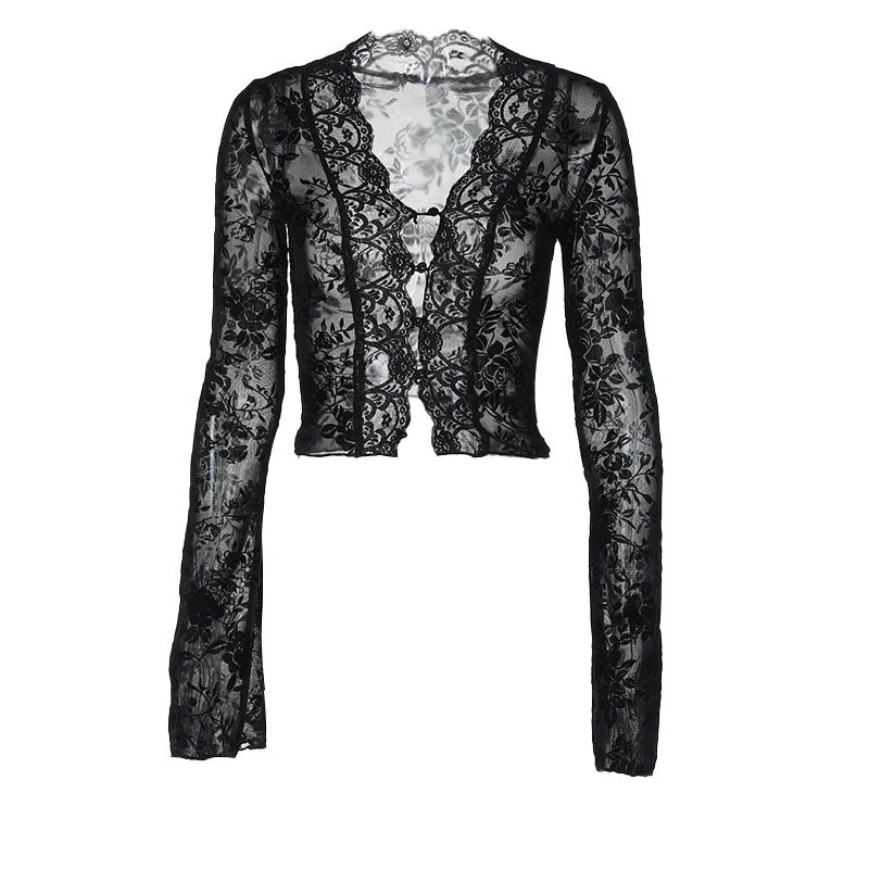 Fairycore lace hem button see through top