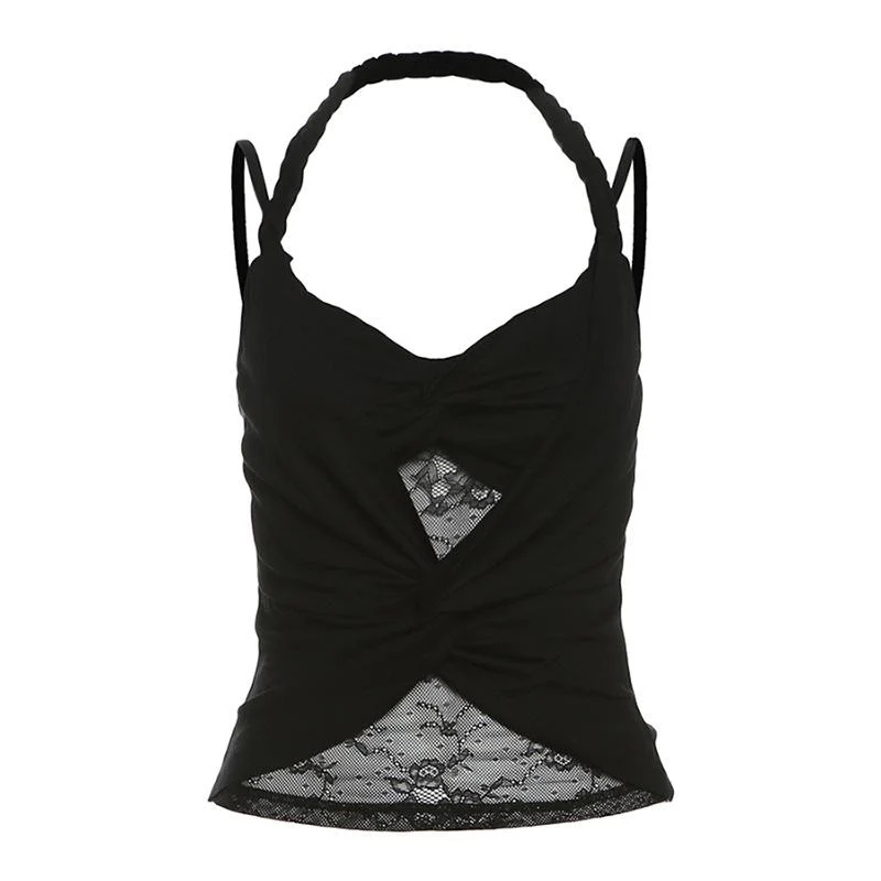 Fairycore halter ruched lace patchwork cami top