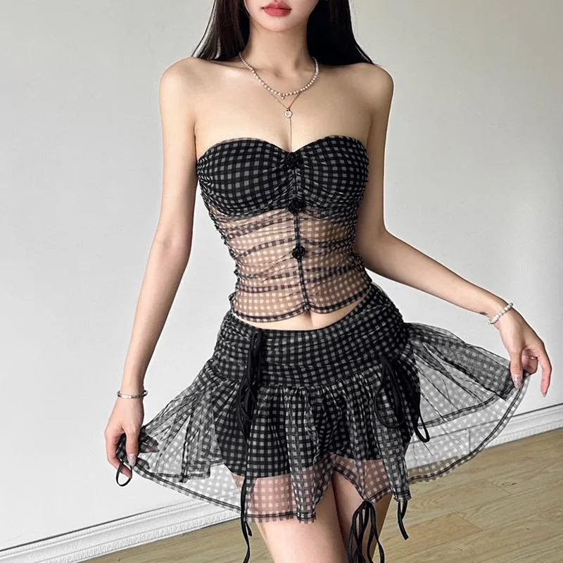 Goth rose applique plaid mesh tube mini skirt set