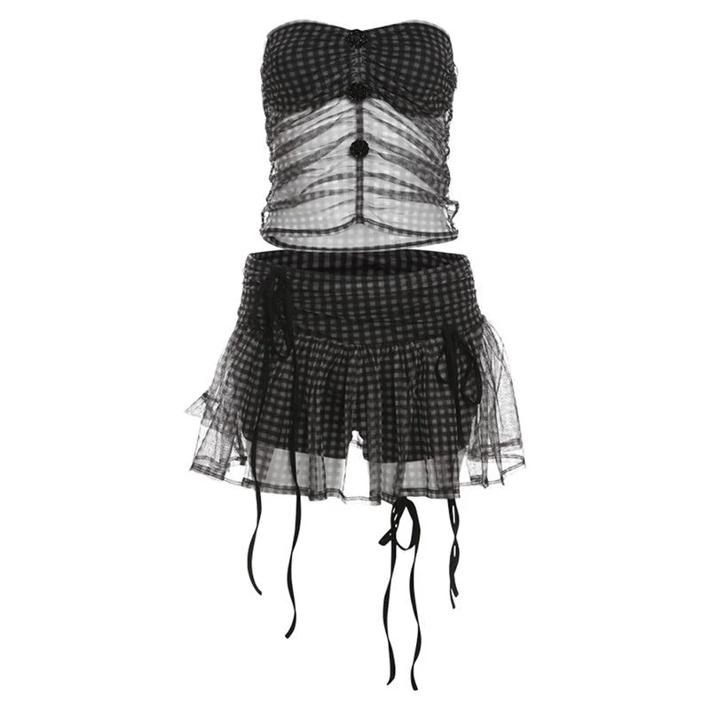 Goth rose applique plaid mesh tube mini skirt set