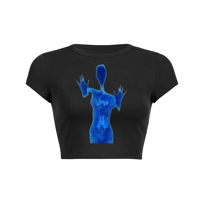 Y2K Blue Alien Silhouette Crop Top Baby Tee