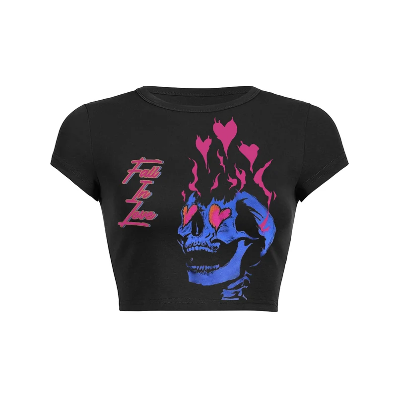 Fall In Love Skull & Heart Print BabyTee Crop Top