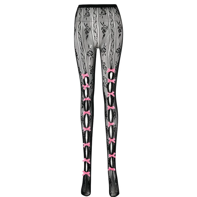 Contrasterende panty met kant en strik