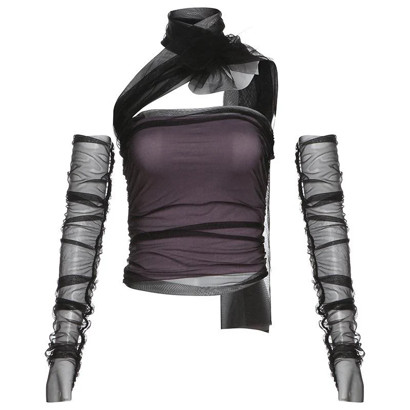Halter off-shoulder handschoenen mesh top