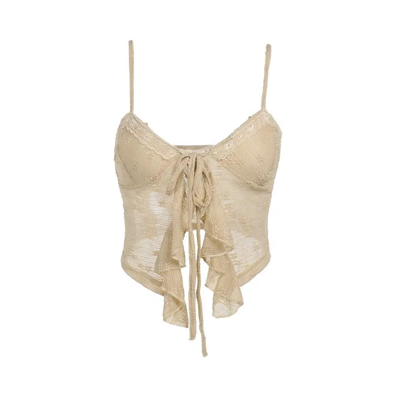 Fairycore ruffle textured v neck lace hem cami top