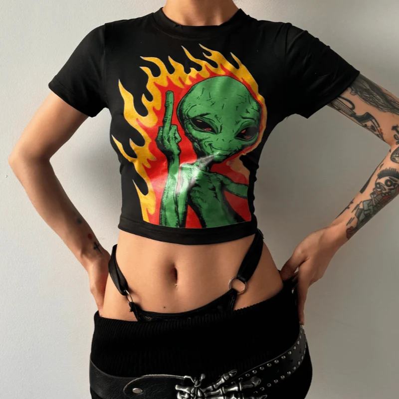 Baby T-shirt met schuine zakken en print van buitenaardse letters uit de Y2K-periode