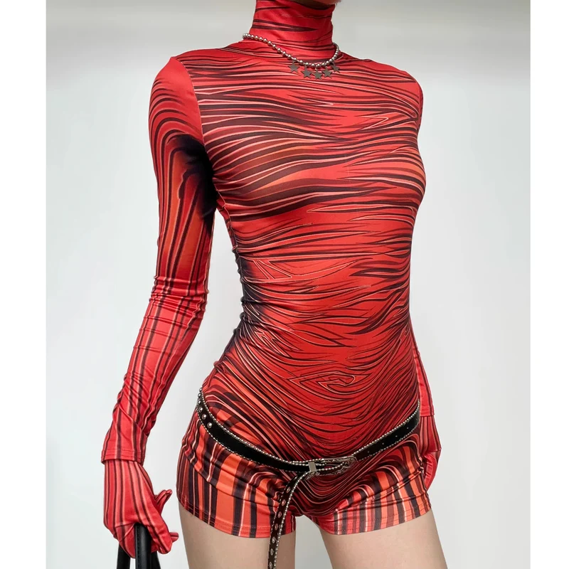 Cyberpunk gestreepte jumpsuit met rits en hoge hals