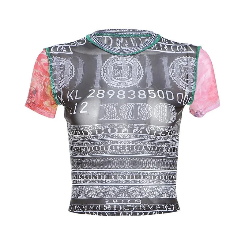 Goth sheer mesh print short sleeve top