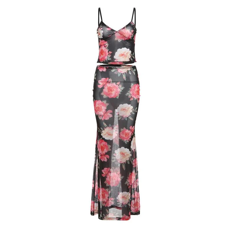 Fairycore sheer mesh flower print cami skirt set
