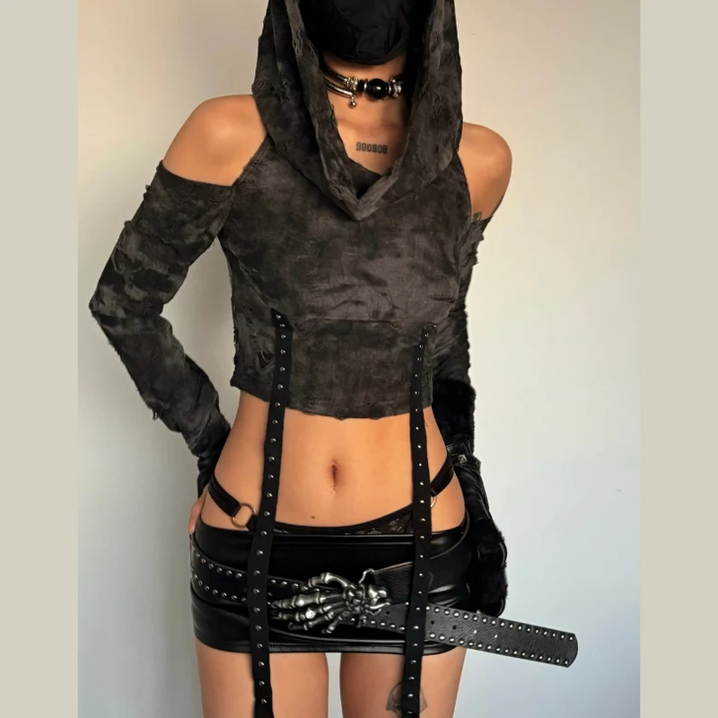 Lange mouw hoodie off shoulder crop top met gesp