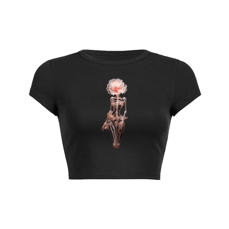 Crop top met Y2K bloemen- en doodskopprint