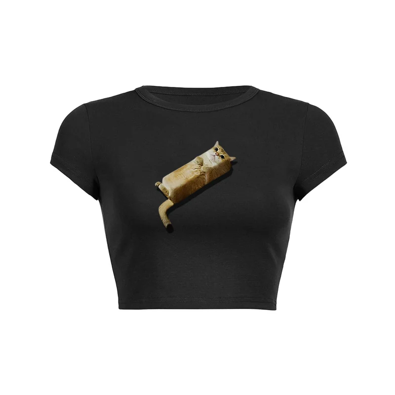 Y2K bread cat print crop top