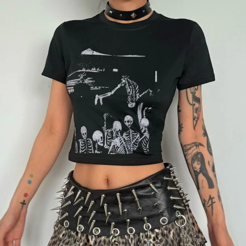 Y2K skelet team print schuin baby T-shirt