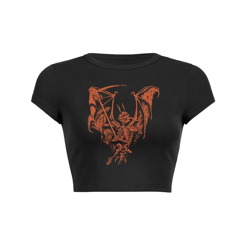 Y2K skeleton demon print slant Baby Tee