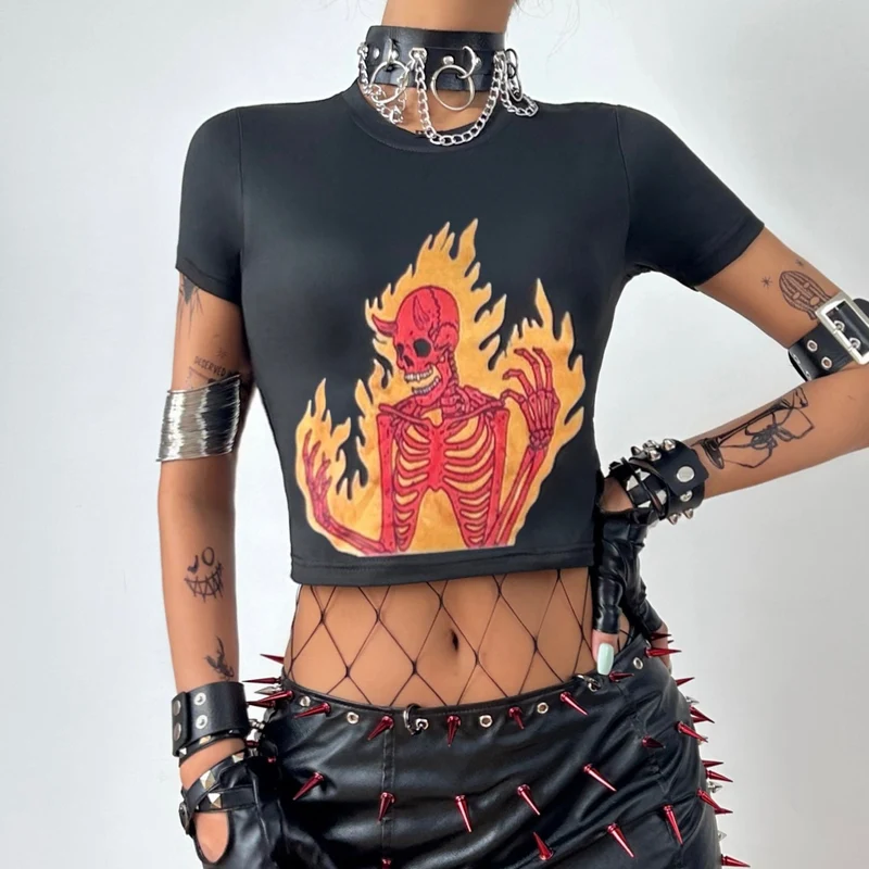 Baby T-shirt met vuurdemonenskeletprint