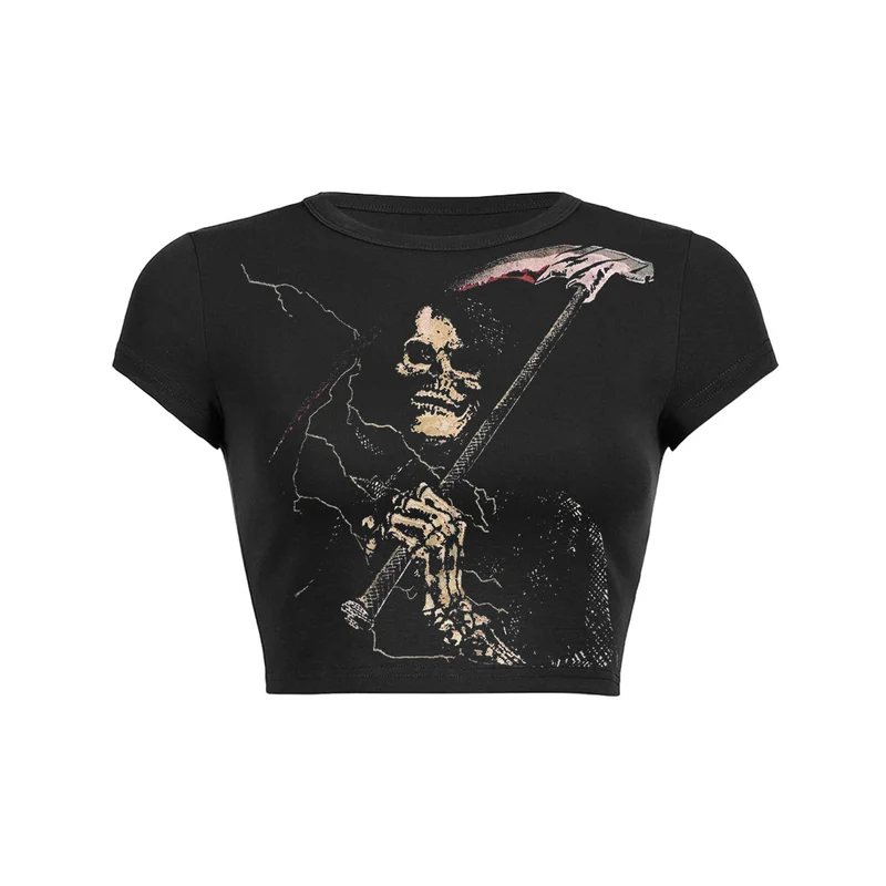 Baby T-shirt met Y2K doodsskeletprint en schuine zakken