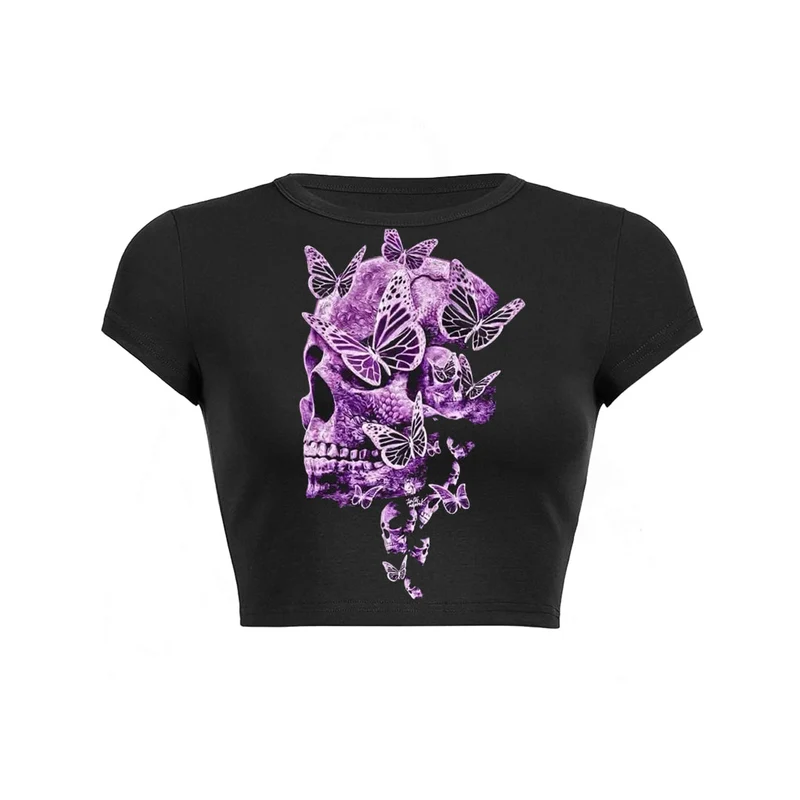 Y2K butterfly print slant pockets Baby Tee