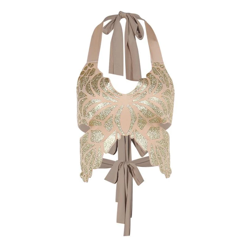 Y2K haltertop met vlinderpatroon, metallic afwerking