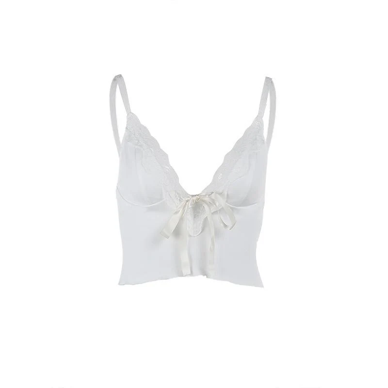 Fairycore lace hem bowknot ribbon crop cami top