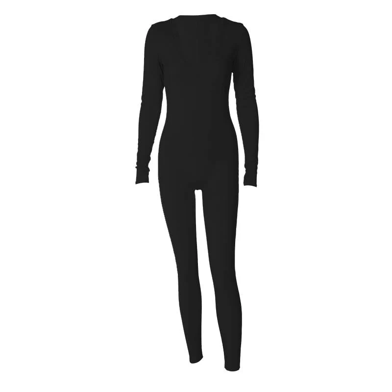 Geribbelde, effen jumpsuit met lange mouwen en V-hals