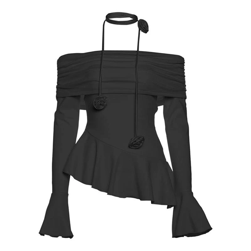 Top met lange, uitlopende mouwen, ruches en bloemenapplicatie, off-shoulder
