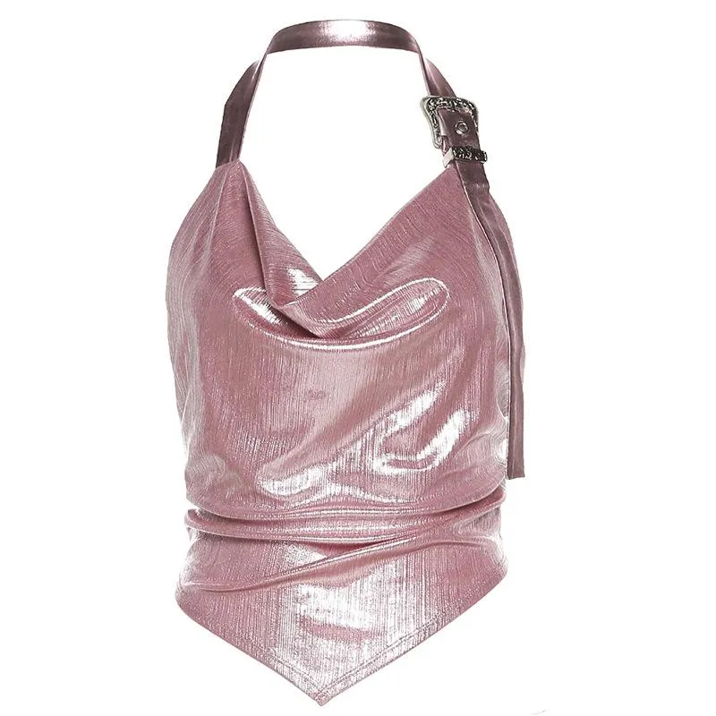 Cyberpunk metallic haltertop met colkraag