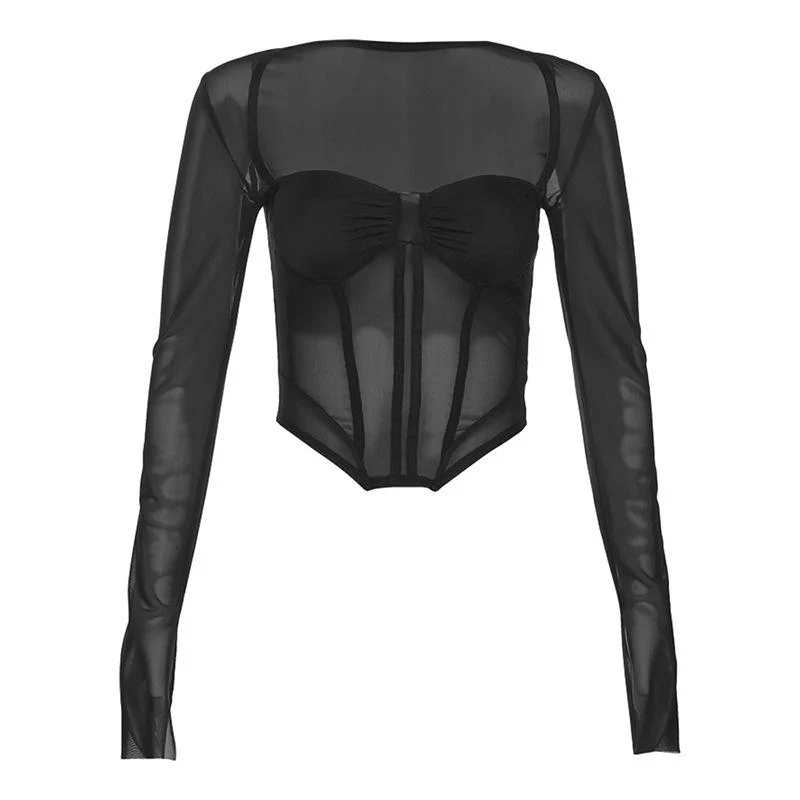 Korset mesh lange mouwen effen gerimpelde vierkante hals crop top